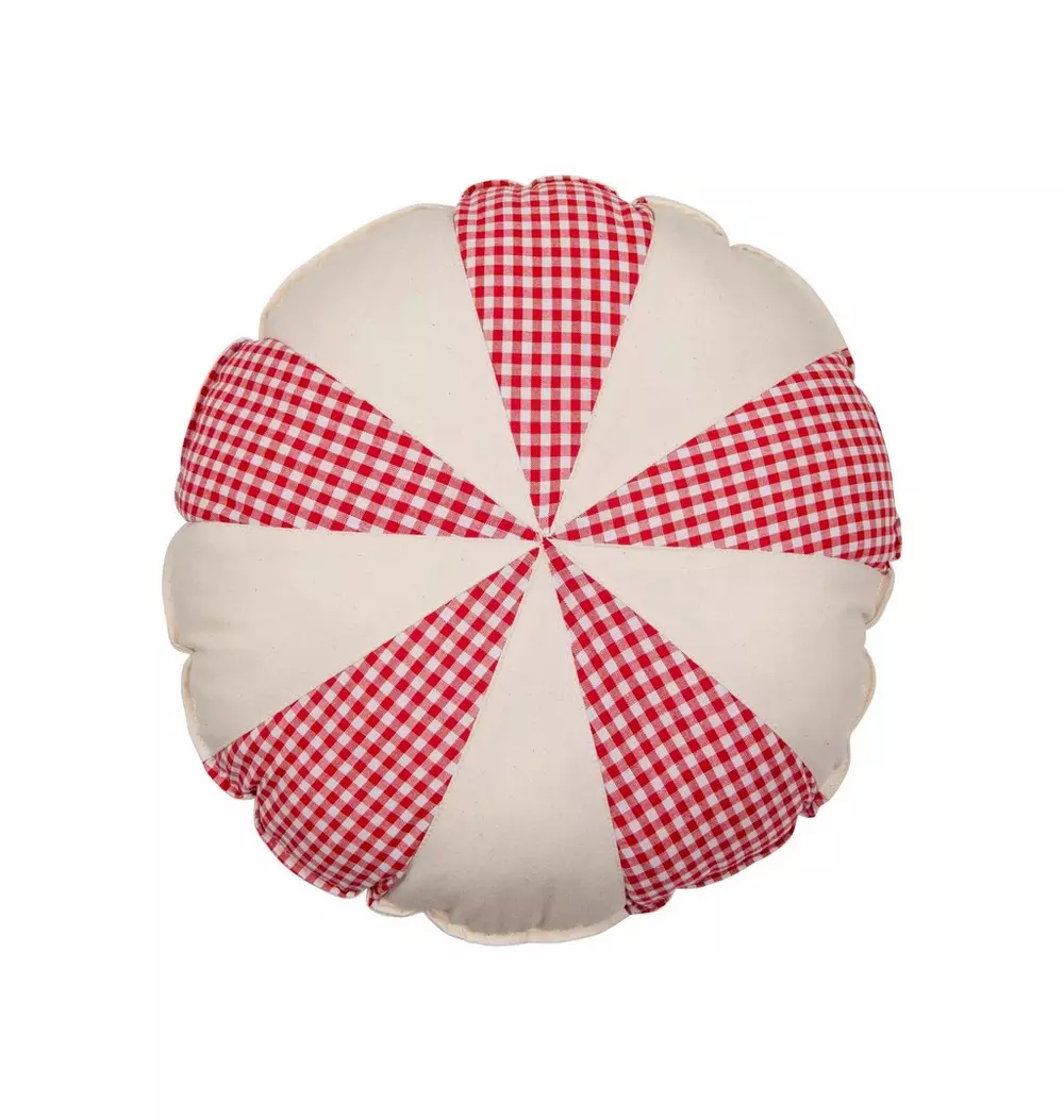 “Red Checkered” Round Patchwork Pillow