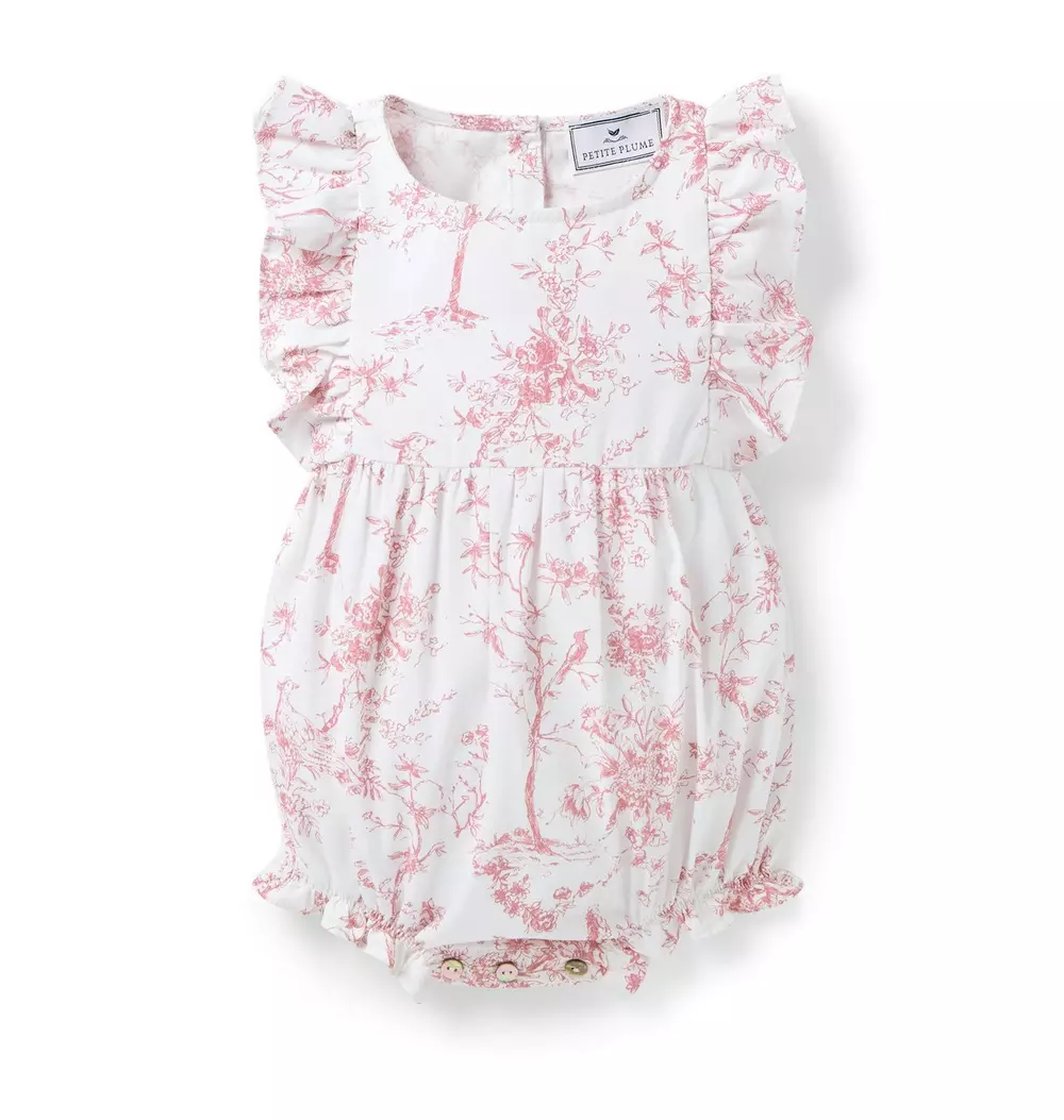 Baby's Twill Ruffled Romper in Pink Timeless Toile